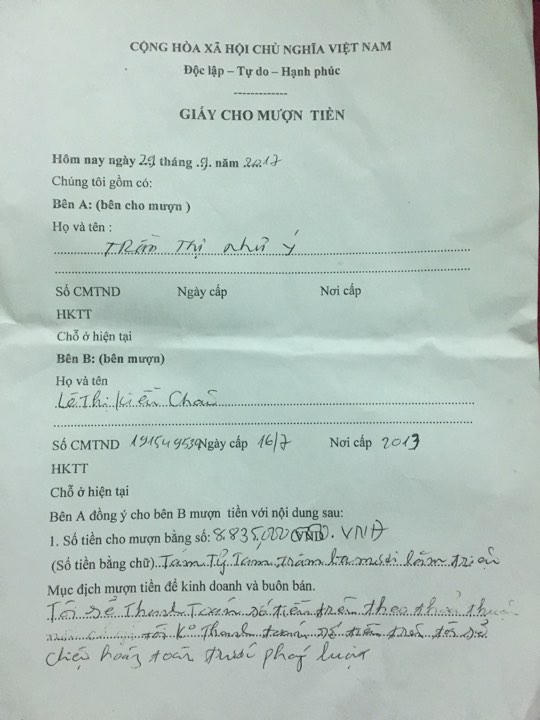 Giấy cho mượn tiền bà Như Ý cung cấp cho phóng viên.
