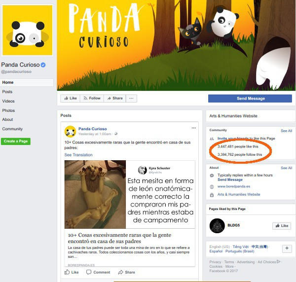 Phong cách vui vẻ đã giúp Bored Panda trở thành một trong những địa chỉ hấp dẫn nhất trên Facebook và thu hút hàng triệu lượt độc giả. Thống kê tới ngày 3/12/2017, facebook Bored Panda có hơn 12,5 triệu lượt like và share.