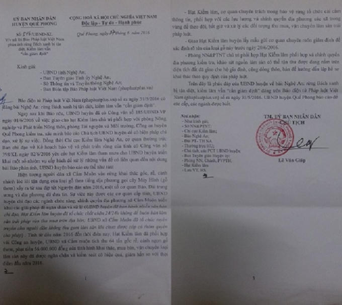 Công văn phúc đáp của UBND huyện Quế Phong gửi Pháp luật Plus và các cơ quan chức năng.