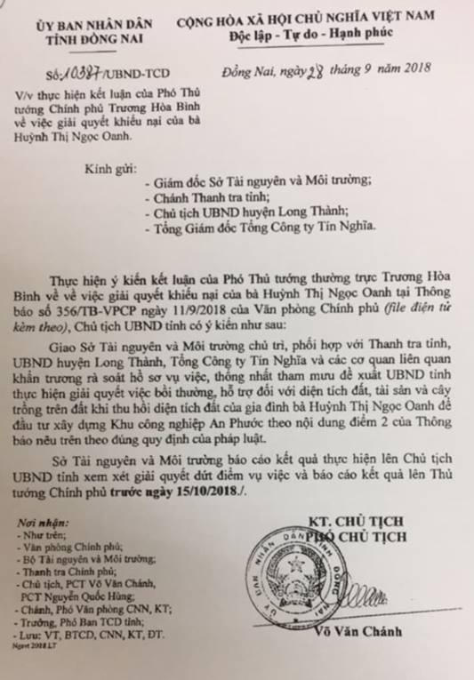 Văn bản của UBND tỉnh Đồng Nai chỉ đạo các ban ngành triển khai thực hiện việc bồi thường, hỗ trợ theo Thông báo kết luận của Phó Thủ tướng Chính phủ.