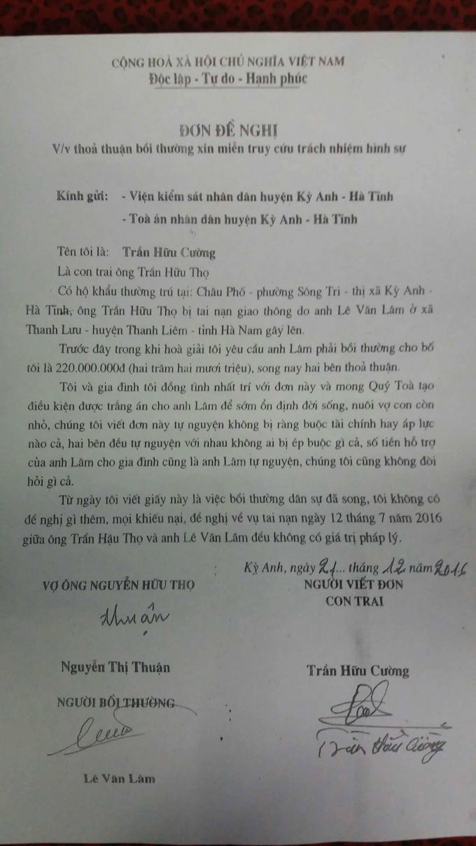 Giấy gia đình nạn nhân nhận bồi thường và xin bãi nại cho anh Lê Văn Lâm.