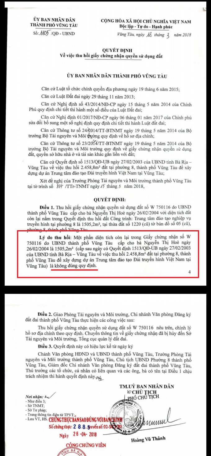 Quyết định thu hồi GCN QSDĐ của gia đình bà Hòe quản lý, sử dụng hàng chục năm qua, UBND tỉnh Bà Rịa – Vũng Tàu thừa nhận cấp sai, nhưng đây lại là căn cứ để ra hàng loạt các quyết định khác giải quyết liên quan đến quyền lợi gia đình bà Hòe.