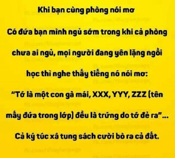 Còn có những câu nói mơ của bạn cùng phòng làm cả phòng cười bò ra cả đất. (Nguồn:Facebook).