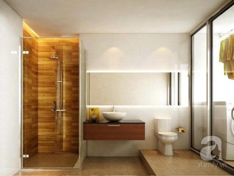 Khu vệ sinh th&ocirc;ng từ ph&ograve;ng ngủ con liền với kh&ocirc;ng gian giặt v&agrave; phơi.