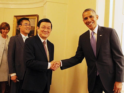 Chủ tịch nước Trương Tấn Sang hội đàm với Tổng thống Hoa Kỳ Barack Obama trong chuyến thăm chính thức Hoa Kỳ ngày 25/7/2013 (Ảnh: Nguyễn Khang - TTXVN).