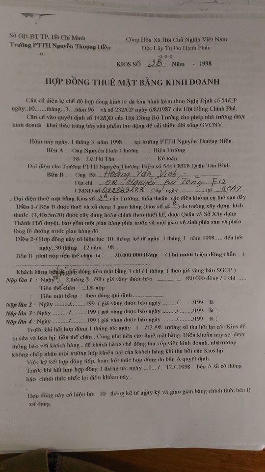 Hợp đồng Trường THPT Nguyễn Thượng Hiền cho hộ dân thuê.