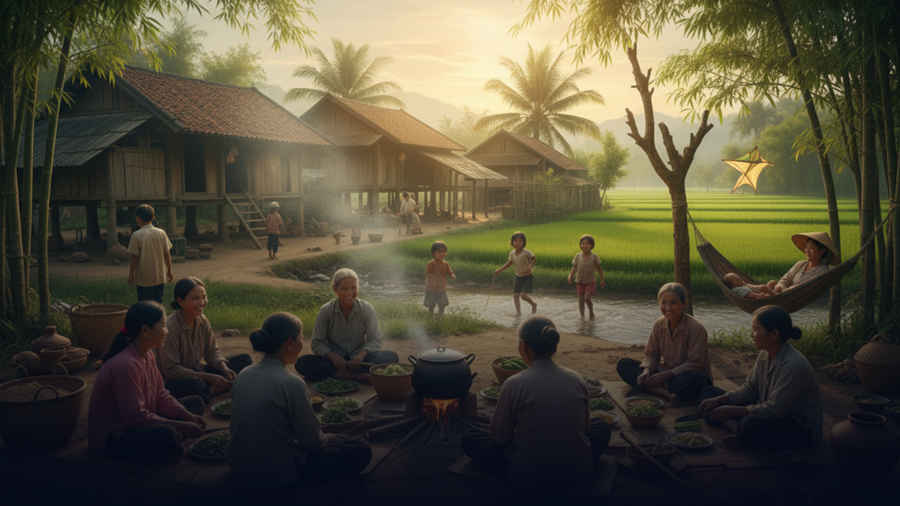 Sự kết nối giữa người với người ở quê dường như chưa bao giờ bị công nghệ làm cho phai nhạt. (Ảnh: Phạm Duy)