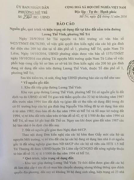 Báo cáo của UBND phường Mễ Trì báo cáo, do ông Đào Tăng Quýnh ký và đóng dấu.