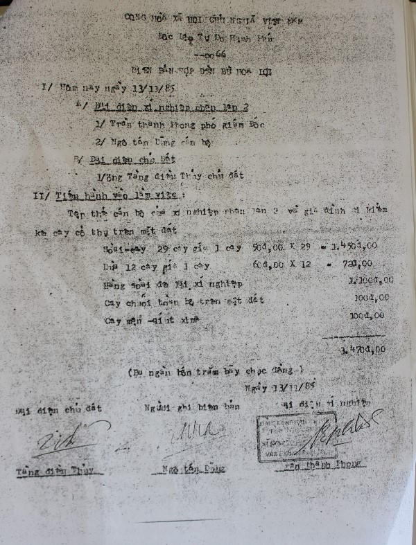 Biên bản đền bù hoa màu năm 1985.