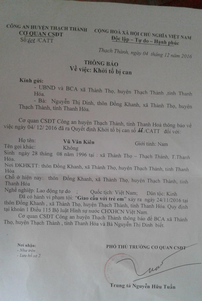 Công an huyện Thạch Thành ra Quyết định khởi tố bị can Vũ Văn Kiên.