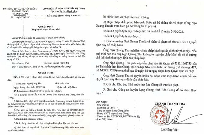 Sở Thông tin và truyền thông tỉnh Bắc Giang xử phạt Ngô Quang Thu