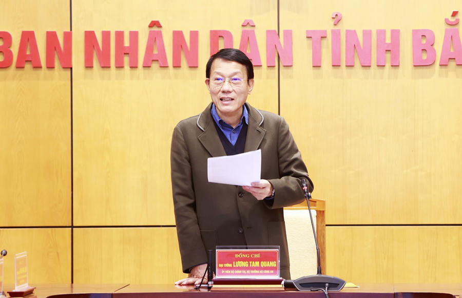 Đại tướng Lương Tam Quang, Bộ trưởng Bộ Công an phát biểu kết luận buổi làm việc.