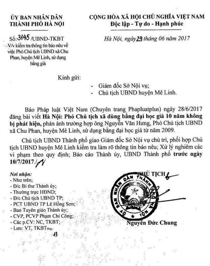 Chủ tịch UBND TP Hà Nội Nguyễn Đức Chung vừa ra văn bản chỉ đạo làm rõ thông tin Ông Nguyễn Văn Hưng, Phó Chủ tịch UBND Chu Phan (Mê Linh, Hà Nội) dùng bằng Đại học giả.