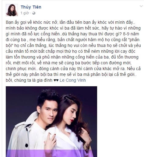 Ca sĩ Thủy Tiên chia sẻ nỗi buồn với chồng mình, tiền đạo Lê Công Vinh.