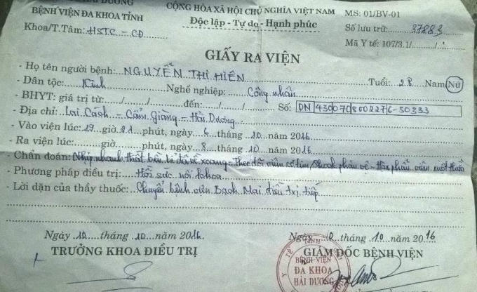 Giấy ra viện của chị Hiên tại Bệnh viện Đa khoa Hải Dương chuẩn đoán bệnh nhân bị sốc thuốc phản vệ sau khi mổ ruột thừa.