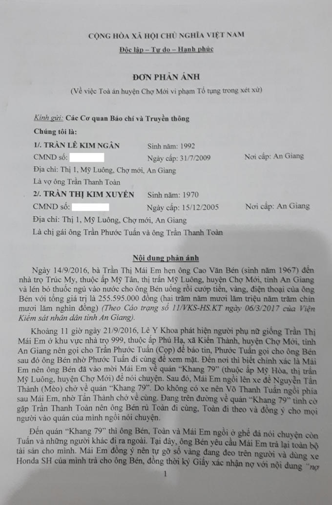 Đơn phản ánh của bà của bà Trần Lê Kim Ngân.