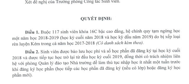 Quyết định đình chỉ 1 năm đối với 117 sinh viên có điểm rèn luyện kém trong năm học 2017-2018.