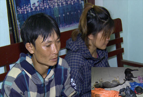Hai vợ chồng "cẩu tặc" cùng tang vật bị bắt giữ. (ảnh: CA Thanh Hóa)