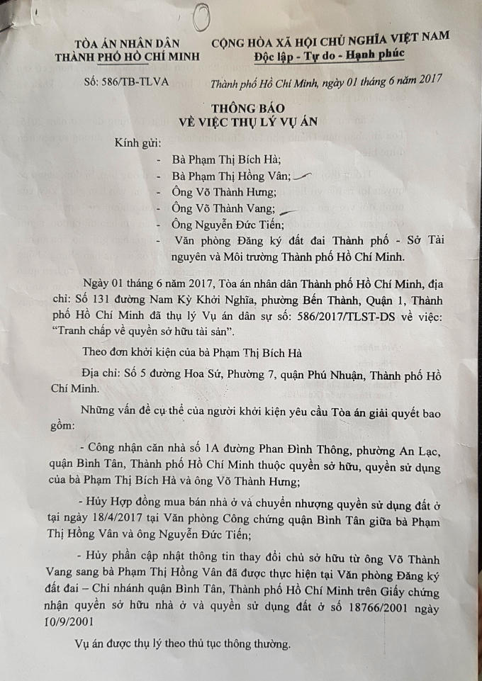 Thông báo thụ lý vụ án của TAND TP HCM.