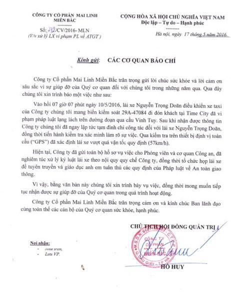 Nội dung thông báo của Công ty Cổ phần Mai Linh Miền Bắc nói về sự việc.