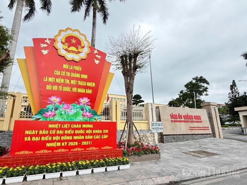 Cụm pa-nô tuyên truyền bầu cử đại biểu Quốc hội khóa XVI và đại biểu HĐND các cấp được đặt trang trọng trước trụ sở Tỉnh ủy Quảng Ninh.