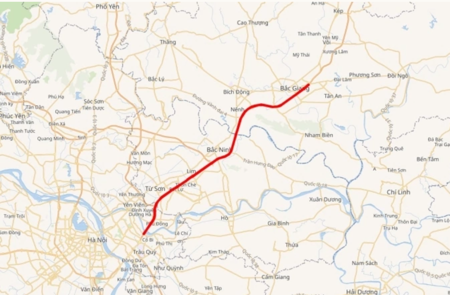 Đoạn cao tốc Hà Nội - Bắc Giang hiện nay dài 46km. Ảnh: Google Maps