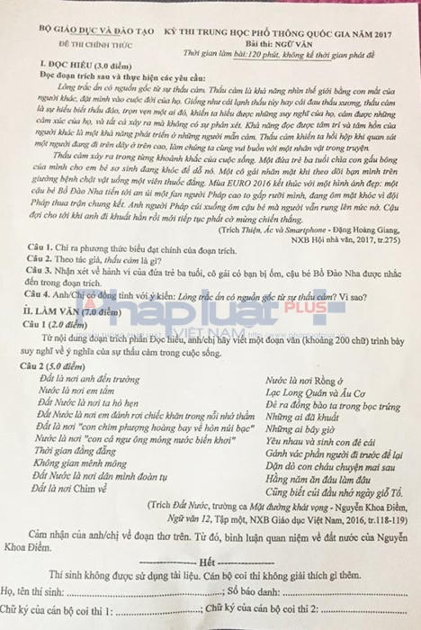 Đề thi môn Ngữ văn.