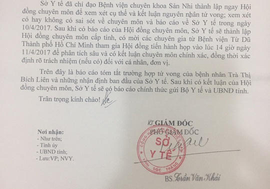 Báo cáo của Sở Y tế Sóc Trăng gửi Bộ Y tế. Ảnh: Phong Khê