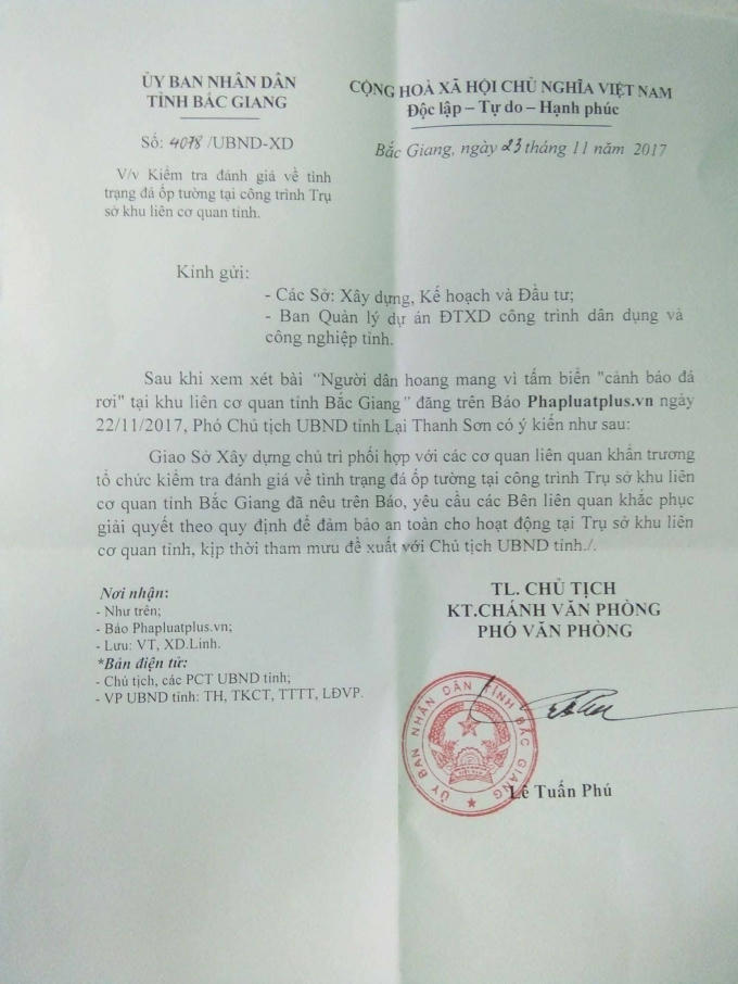 Ngay sau khi có phản ánh của Pháp luật Plus, UBND tỉnh Bắc Giang đã có công văn chỉ đạo.