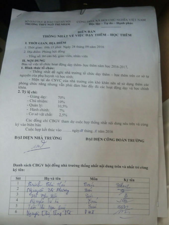 Văn bản chứng minh Hiệu trưởng v&agrave; kế to&aacute;n lập 2 hệ thống h&oacute;a đơn về việc dạy th&ecirc;m, học th&ecirc;m.
