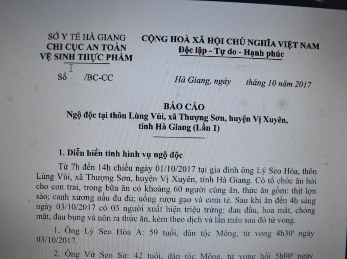Báo cáo của chi cục An toàn Vệ sinh thực phẩm tỉnh Hà Giang. ( ảnh: Phàn Giào Họ).