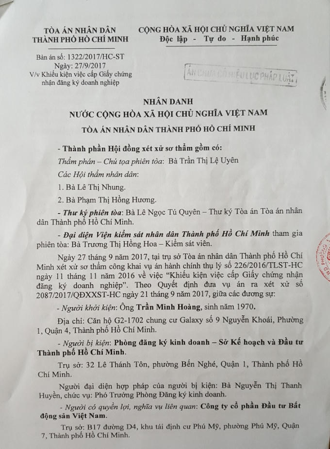 Bản án sơ thẩm của TAND TP HCM