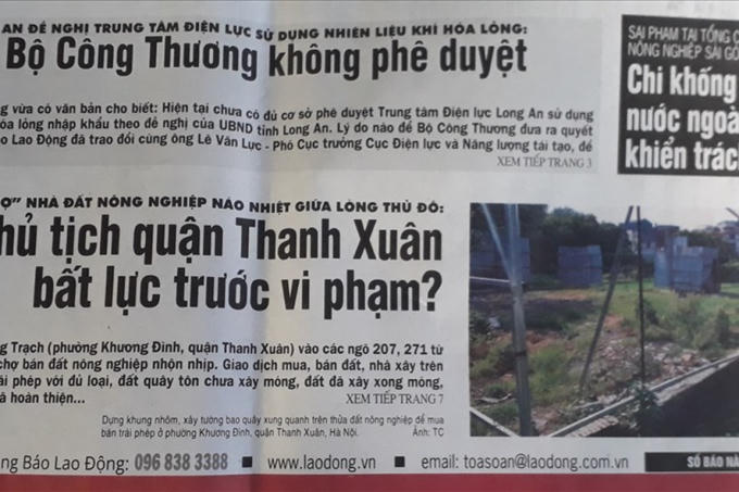 Báo Lao Động đã đăng tải loạt bài điều tra về việc xây dựng trái phép trên đất nông nghiệp tràn lan ở phường Khương Đình, Thanh Xuân, Hà Nội. Ảnh: TC.