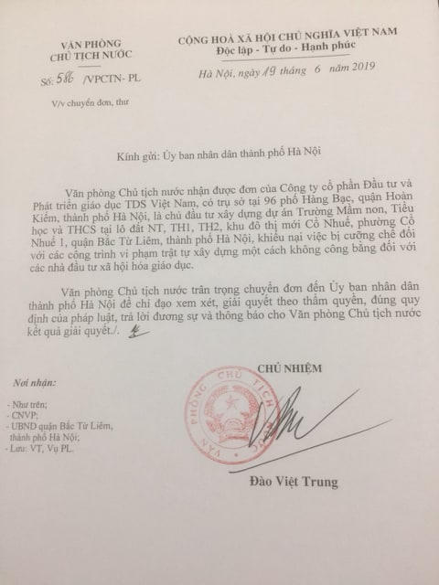 Văn phòng Chủ tịch nước yêu cầu báo cáo vụ cưỡng chế công trình trường học tại quận Bắc Từ Liêm.