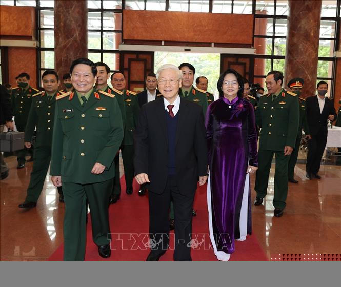 Tổng Bí thư, Chủ tịch nước Nguyễn Phú Trọng, Bí thư Quân ủy Trung ương đến dự Hội nghị. Ảnh: TTXVN