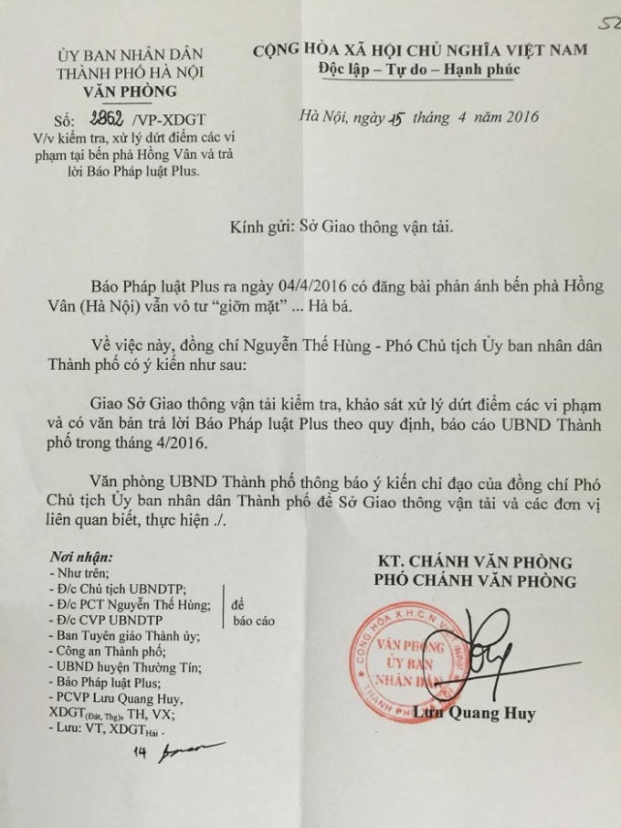 Công văn số 2862/VP-XDGT của UBND TP Hà Nội.