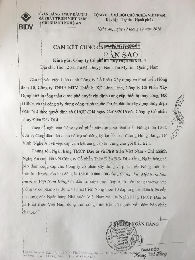 Cam kết tín dụng của ngân hàng BIDV.