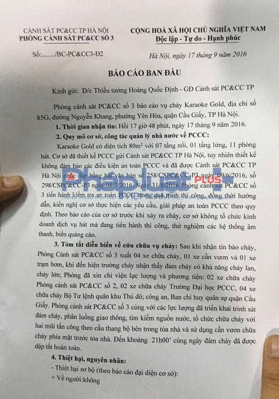 Báo cáo ban đầu của Phòng Cảnh sát PC&CC số 3.