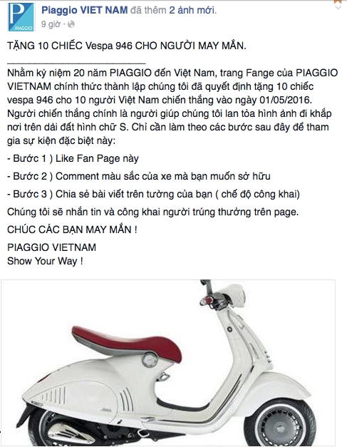 Tặng xe máy Vespa cho những người may mắn nhân "Kỷ niệm 20 năm Piaggo đến Việt Nam".