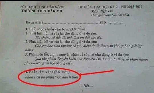 Cư dân mạng đang truyền tay nhau hình ảnh đề thi học kỳ 2 môn Ngữ văn của trường THPT Đăk Mil khi đưa phim Cô dâu 8 tuổi để học sinh phân tích.
