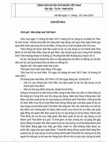 Đơn đề nghị của công ty CP An Thái gửi báo Pháp Luật Việt nam.