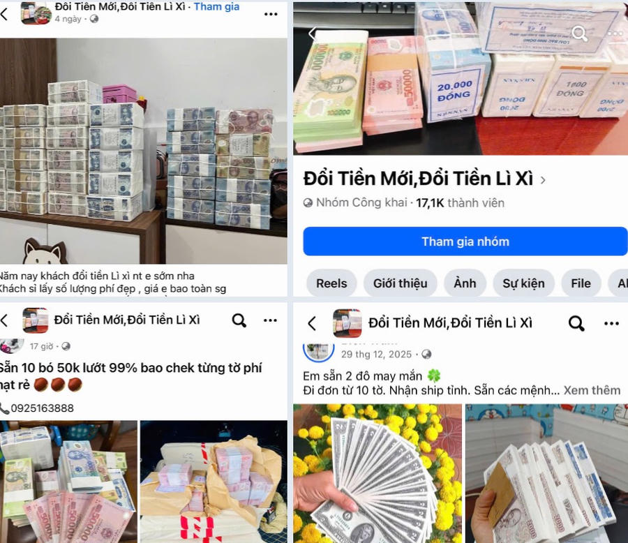 Trên Facebook, chỉ cần gõ từ khóa "đổi tiền mới", "đổi tiền lì xì", người dùng sẽ lạc vào một "ma trận" với hàng loạt lời chào mời hấp dẫn.