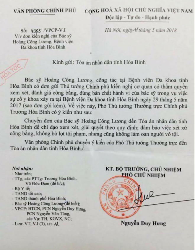 Công văn của Văn phòng Chính phủ gửi Tòa án nhân dân tỉnh Hòa Bình.