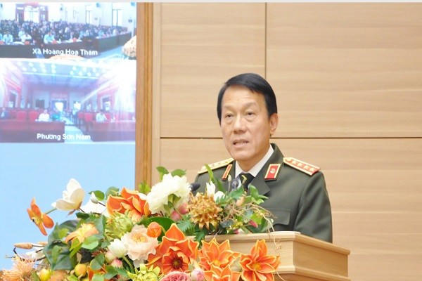 Bộ trưởng Bộ Công an Lương Tam Quang trình bày chương trình hành động tại hội nghị.