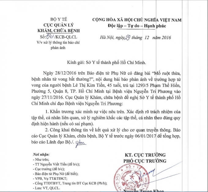 Cục Quản lý Khám, chữa bệnh có Có công văn gửi Sở Y tế TP HCM yêu cần xác minh sự việc trên.