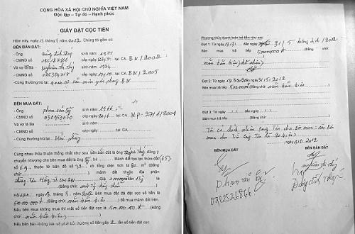 Giấy đặt cọc tiền thể hiện các thông tin về thửa đất hạn chót thanh toán là 31/5/2012.