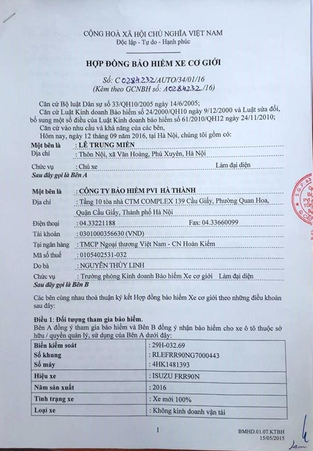 Ngay sau khi mua xe tại Isuzu Long Biên, anh Miền đã mua bảo hiểm xe cơ giới.