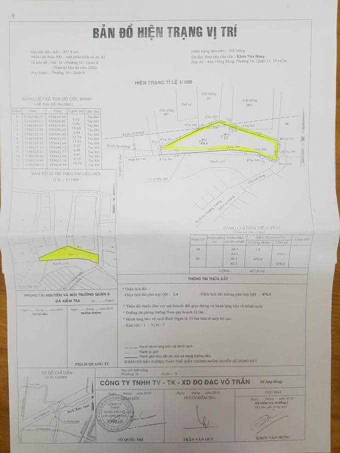 Vị trí khu đất (phần bôi vàng) thuộc một phần thửa 42, tờ bản đồ số 36 trước đây thuộc hành lang bảo vệ kênh rạch, nơi được cho là đang tranh chấp.