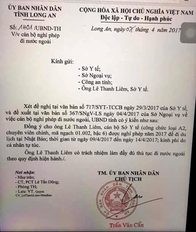 Văn bản của Chủ tịch UBND tỉnh Long An đồng ý cho ông Lê Thanh Liêm được nghỉ phép đi du lịch.