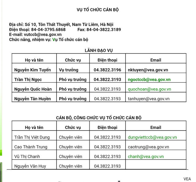 Vụ Tổ chức cán bộ của Tổng cục Môi trường có 8 người gồm 4 lãnh đạo và 4 chuyên viên.